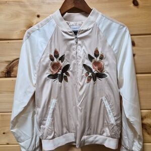Vintage Forever 21 Beige Floral Embroidered Bomber Jacket